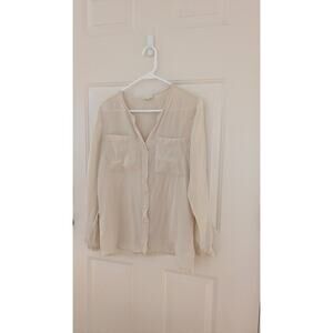 Silence & Noise Cream Silk Button Down Blouse with Front Pockets, Medium, Flowy